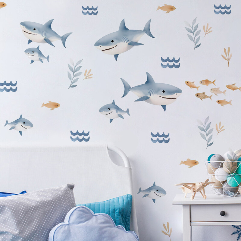 Fish Shark fali matricák Vízálló Peel&Stick falmatrica gyerekszoba fiúszoba dekorációhoz óvodai babaszoba dekorációs matrica