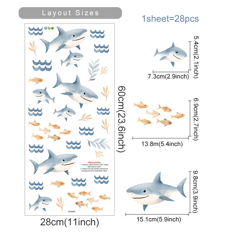 Fish Shark fali matricák Vízálló Peel&Stick falmatrica gyerekszoba fiúszoba dekorációhoz óvodai babaszoba dekorációs matrica