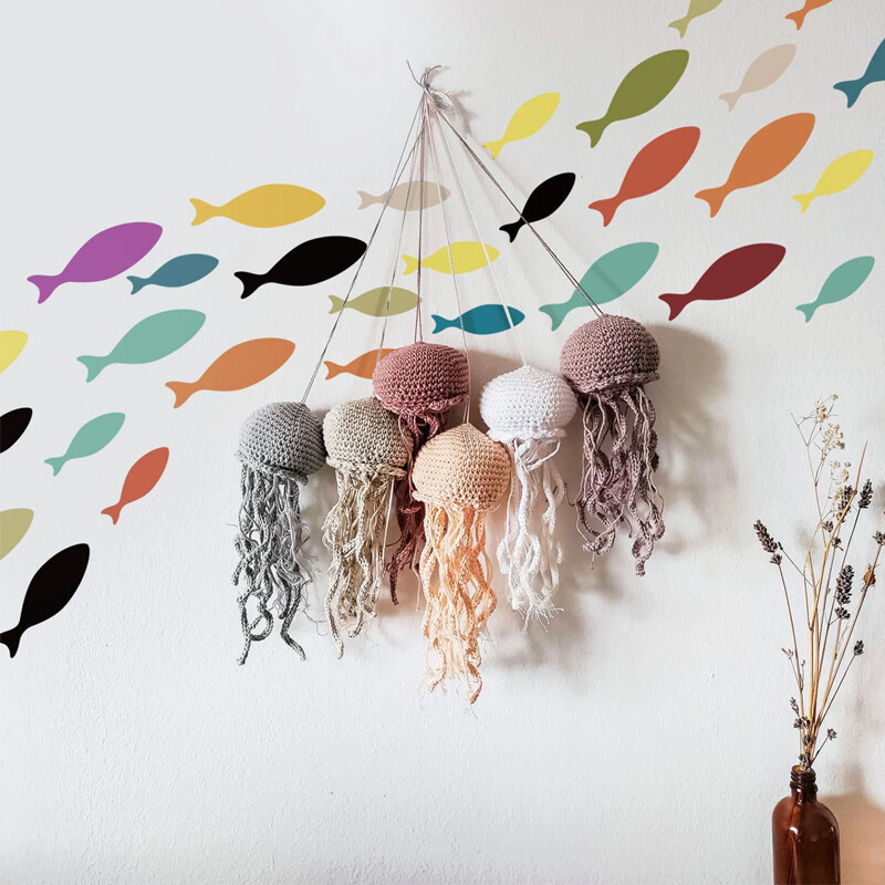 Ocean Life Fish Wall Decal Цветни морски стикери за стена Peel and Stick School of Fish Wall Decor Подвижни стикери за детска стая