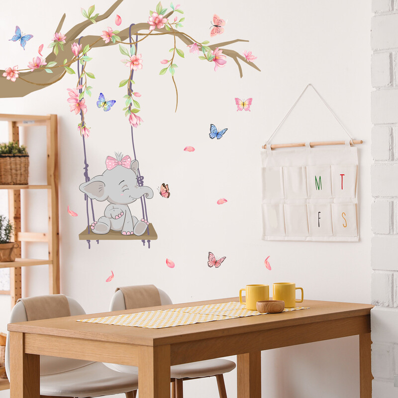 2 bucăți de desene animate pui de elefant leagăn ramură autocolant de perete camera de zi dormitor camera copiilor autocolant decorativ de perete Ms6313