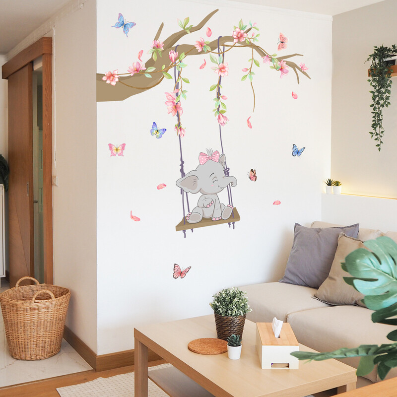 2 bucăți de desene animate pui de elefant leagăn ramură autocolant de perete camera de zi dormitor camera copiilor autocolant decorativ de perete Ms6313