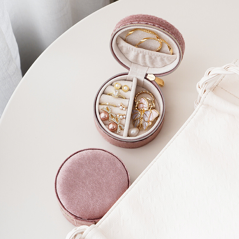 Prijenosna okrugla kutija za nakit Prsten Naušnice Ogrlica Organizator Zaslon Zatvarač Mini putna plišana baršunasta kutija za pohranu nakita Joyero