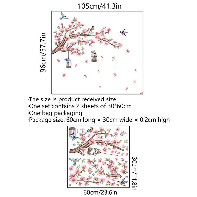 2 vnt. Šakos paukščio persikų žiedų animacinio filmo sienos lipdukas Mielas kūrybingas fono sienos svetainės miegamojo dekoro sienos lipdukas