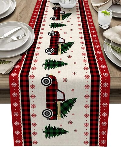 Kalėdų briedžių elnių snaigės raudonos languotos lininės stalo bėgikai Šventinių vakarėlių dekoravimas sodybos Navidad dekoravimas