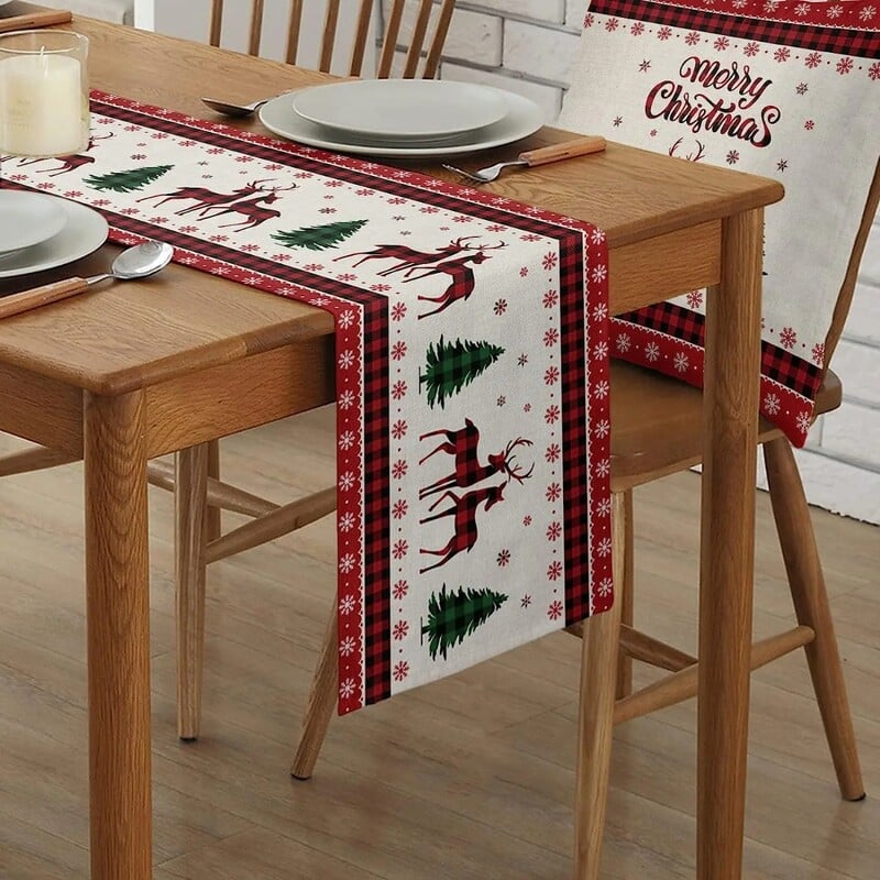Kalėdų briedžių elnių snaigės raudonos languotos lininės stalo bėgikai Šventinių vakarėlių dekoravimas sodybos Navidad dekoravimas