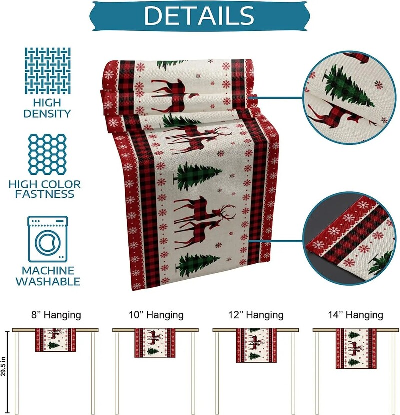 Kalėdų briedžių elnių snaigės raudonos languotos lininės stalo bėgikai Šventinių vakarėlių dekoravimas sodybos Navidad dekoravimas