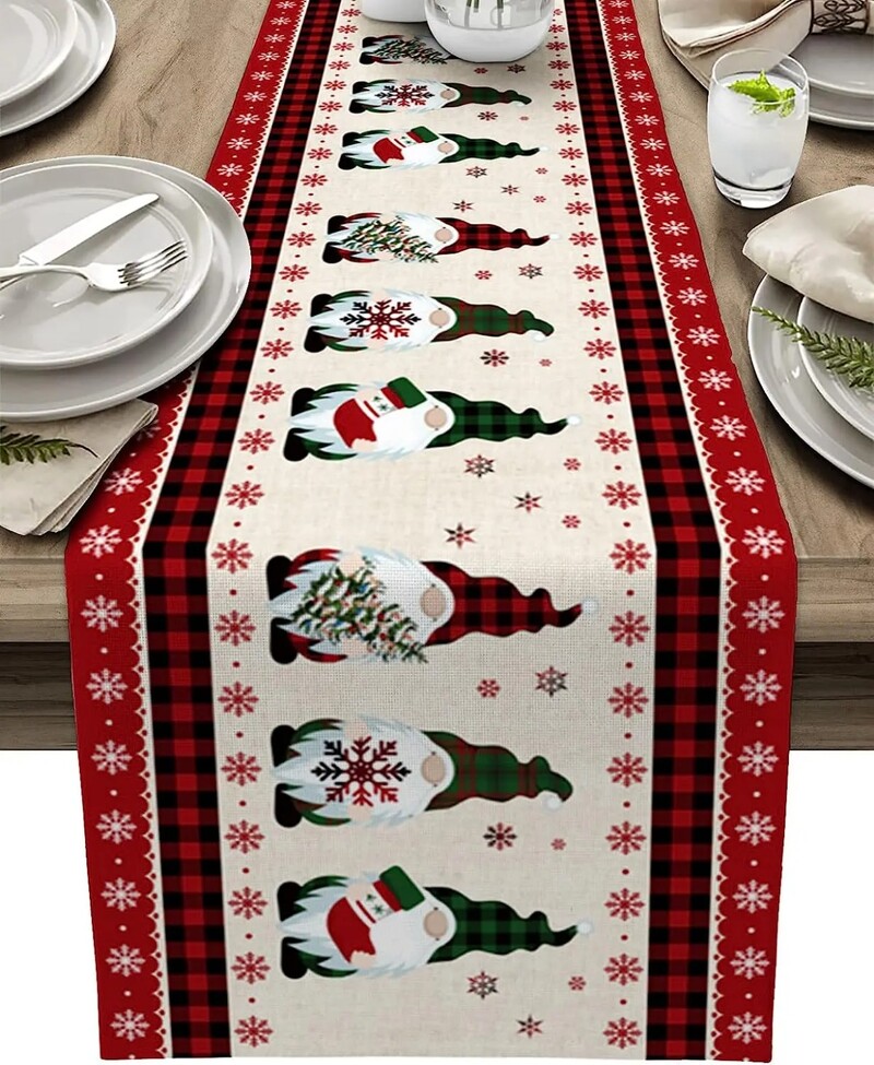 Kalėdų briedžių elnių snaigės raudonos languotos lininės stalo bėgikai Šventinių vakarėlių dekoravimas sodybos Navidad dekoravimas
