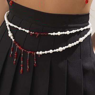 Salircon punk gyöngy utánzat dupla rétegű deréklánc gótikus vörös kristálygyöngy medál haslánc női szexi trendi testékszerek