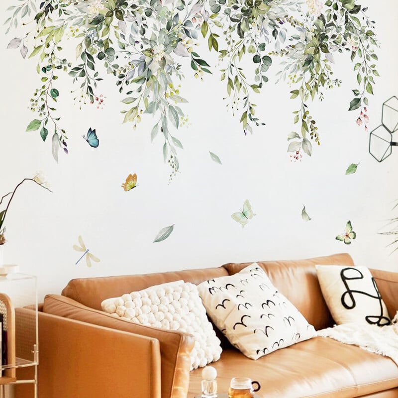 30*90cm samolepky na stenu s motýľmi a zeleným viničom, pozadie, nástenná dekorácia do obývačky, nástenná maľba, PVC tapeta Ms8465