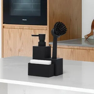 Modernus kvadratinis indų muilo dozatorius su kempinės laikikliu ir šepetėliu 3 viename rinkinys, skirtas virtuvės kriauklės stalviršiui, matinis juodas