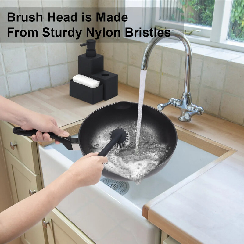 Modernus kvadratinis indų muilo dozatorius su kempinės laikikliu ir šepetėliu 3 viename rinkinys, skirtas virtuvės kriauklės stalviršiui, matinis juodas