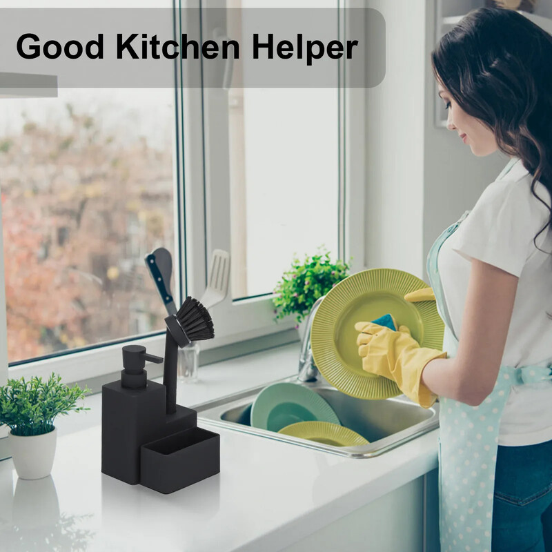 Modernus kvadratinis indų muilo dozatorius su kempinės laikikliu ir šepetėliu 3 viename rinkinys, skirtas virtuvės kriauklės stalviršiui, matinis juodas