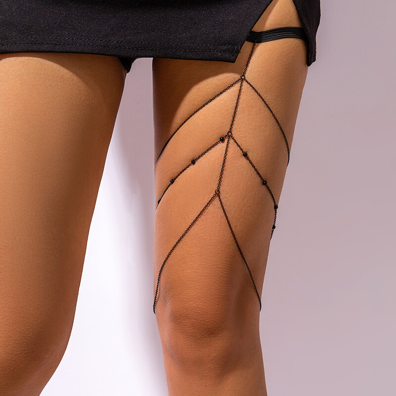IngeSight.Z Gotické viacvrstvové strapcové medené korálky retiazka na nohu a stehno pre ženy, sexy čierny elastický pás, nastaviteľné Harajuku telové šperky