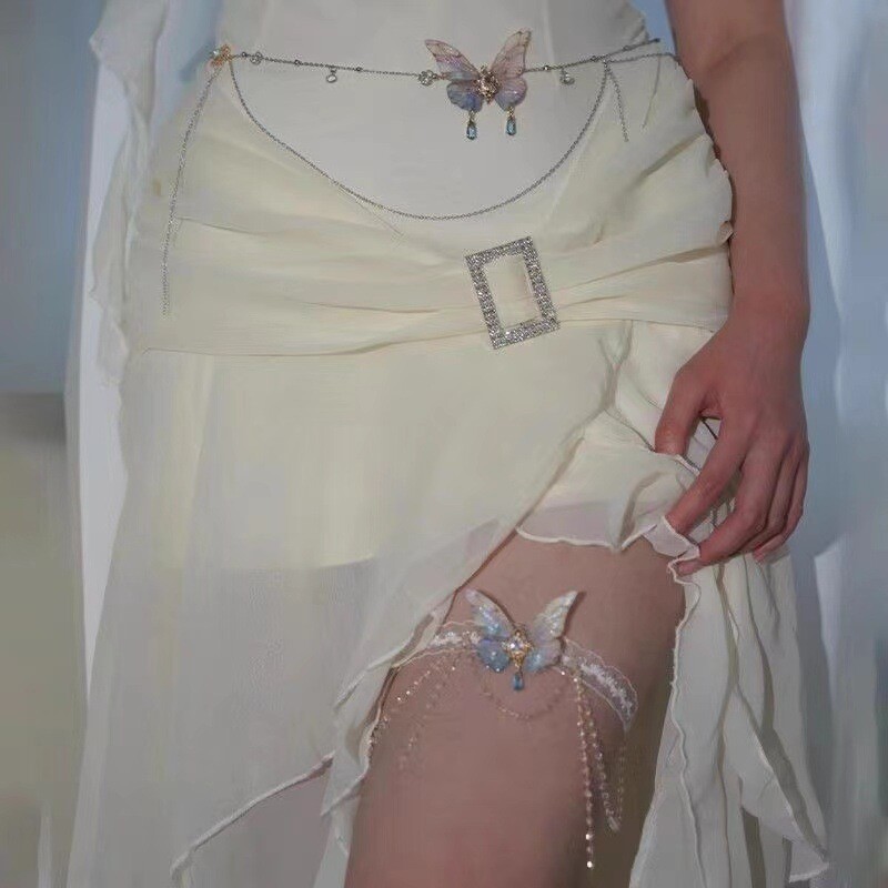 [Ieškoma šviesos] Gradiento mėlyna mėtų mambo nėrinių drugelio kutų rankinė grandinėlė moteriška Retro Palace High Beauty Lolita kojų grandinėlė