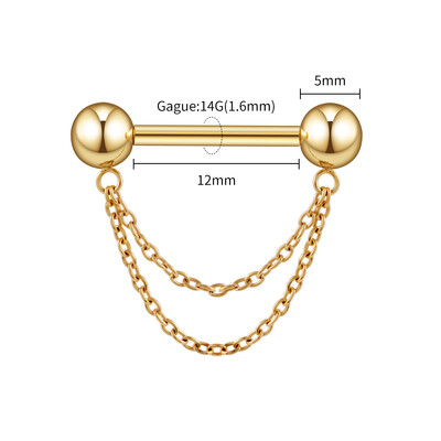 Jobb Grand ASTM F136 titán menet nélküli nyomótüske mellbimbóvédő gyűrű duplaláncú lógással 14G súlyzó piercing ékszer