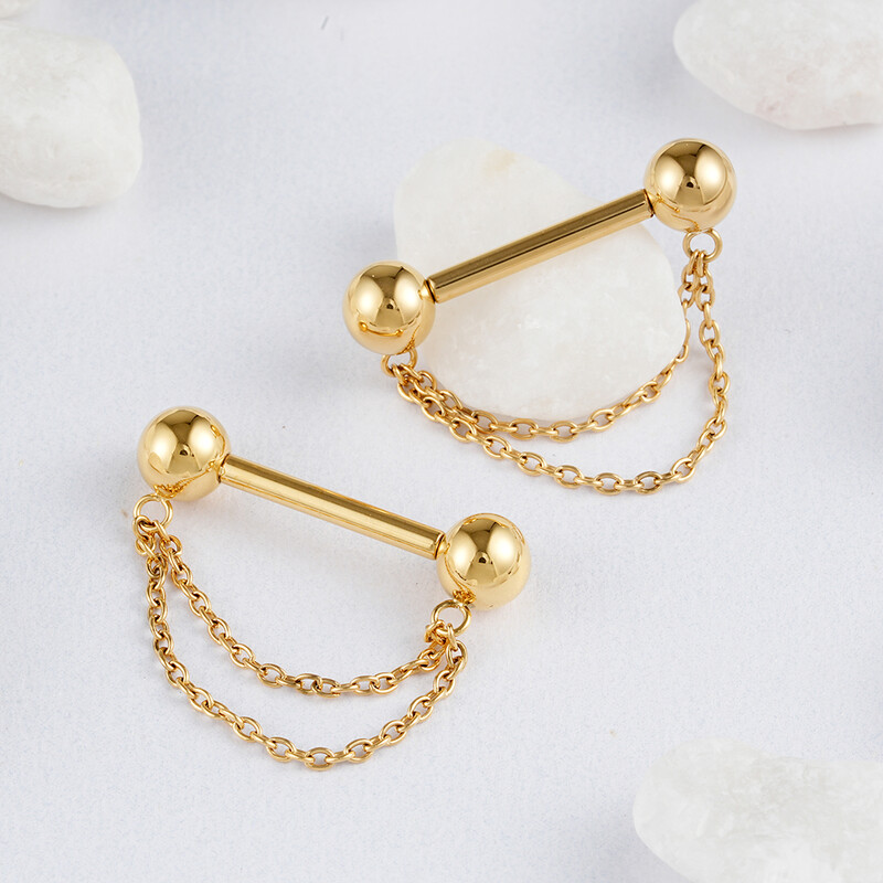 Jobb Grand ASTM F136 titán menet nélküli nyomótüske mellbimbóvédő gyűrű duplaláncú lógással 14G súlyzó piercing ékszer