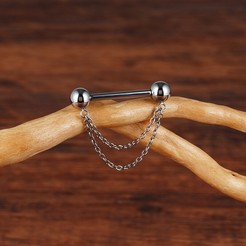 Jobb Grand ASTM F136 titán menet nélküli nyomótüske mellbimbóvédő gyűrű duplaláncú lógással 14G súlyzó piercing ékszer