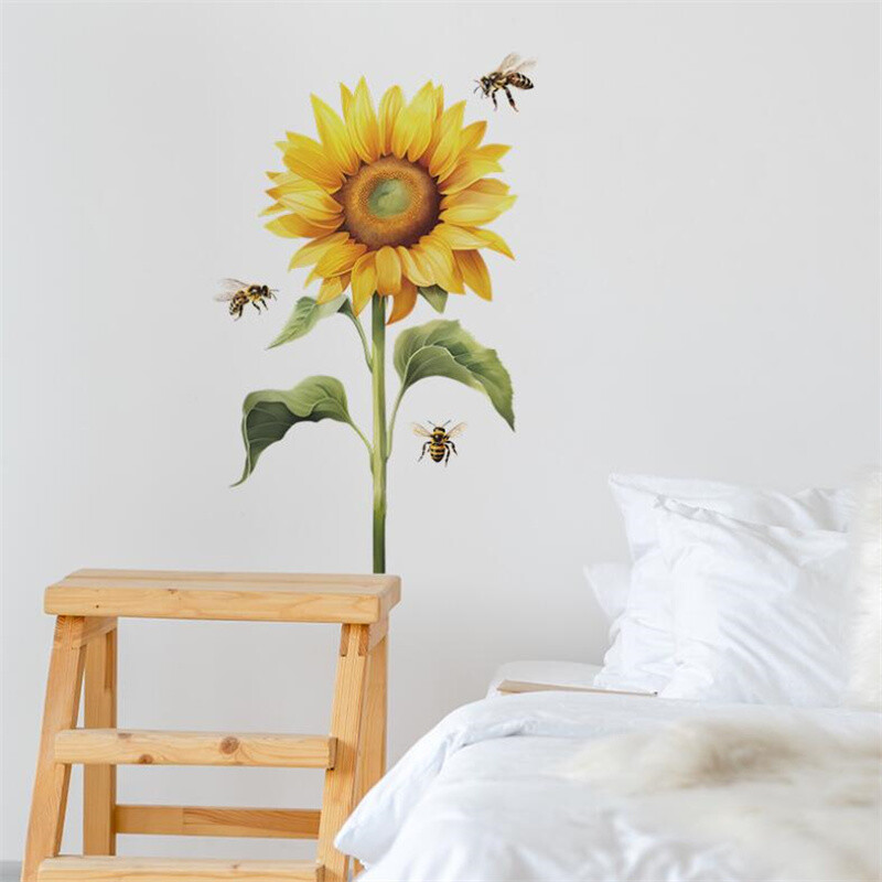 1 DB festett napraforgó méh falmatricák gyerekszobába hálószoba előcsarnokba lakberendezési öntapadó tapéta