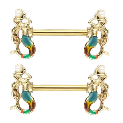 Piercing do bradavok JHJT 2 ks, 14G, nehrdzavejúca oceľ 316L, dvojitá morská panna, piercing do bradavky s činkou