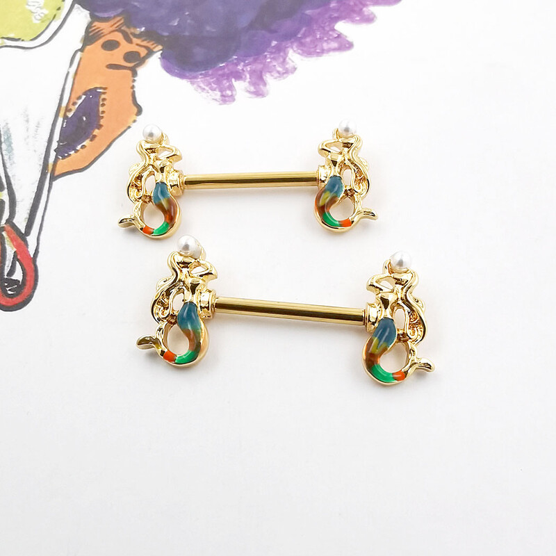 Piercing do bradavok JHJT 2 ks, 14G, nehrdzavejúca oceľ 316L, dvojitá morská panna, piercing do bradavky s činkou