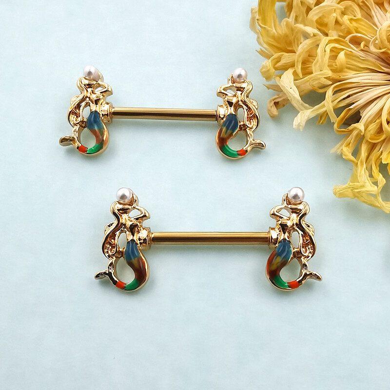 Piercing do bradavok JHJT 2 ks, 14G, nehrdzavejúca oceľ 316L, dvojitá morská panna, piercing do bradavky s činkou