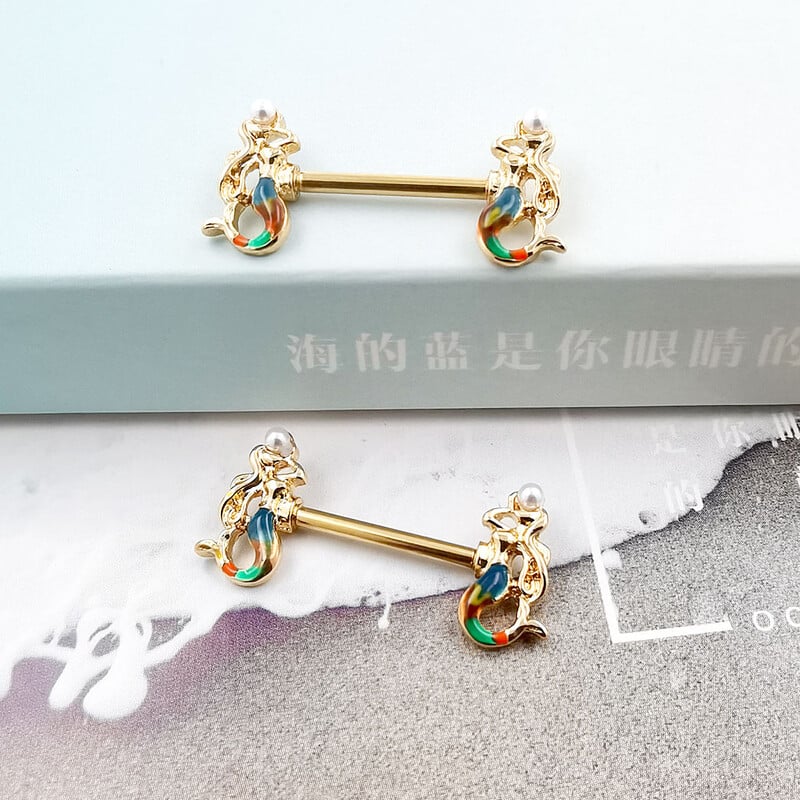 Piercing do bradavok JHJT 2 ks, 14G, nehrdzavejúca oceľ 316L, dvojitá morská panna, piercing do bradavky s činkou