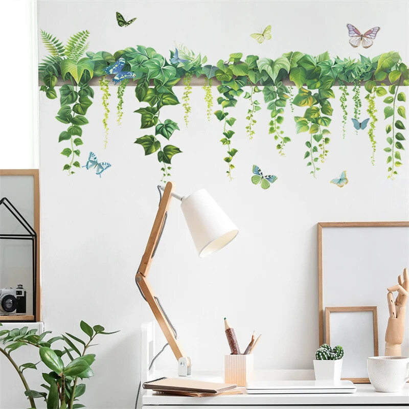 Frunze de mărar verde, plantă de viță de vie, fluture, dormitor, sufragerie, fundal, perete, autocolante decorative, decor pentru casa, decalcomanii de artă