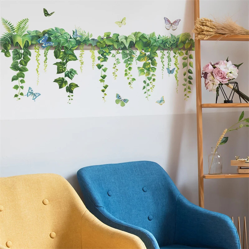 Frunze de mărar verde, plantă de viță de vie, fluture, dormitor, sufragerie, fundal, perete, autocolante decorative, decor pentru casa, decalcomanii de artă