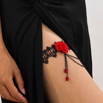 Ingemark Goth Big Rose Flower Elastic Band Αλυσίδα Μηρού για Γυναικεία Τετ Νυφική φούντα κοσμήματα σώματος αποκριάτικα αξεσουάρ