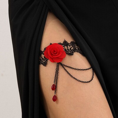 Ingemark Goth Big Rose Gėlė Elastinė juosta kojų šlaunų grandinėlė moterims Trečiadienis Vestuvinis Kutas Link Kūno Papuošalai Helovino aksesuarai