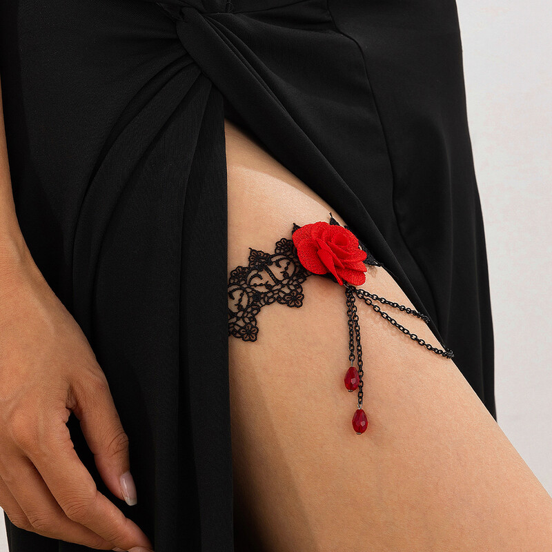 Ingemark Goth Big Rose Flower Band elastică pentru picior Lanț pentru coapsă pentru femei Miere mireasa ciucuri Link Bijuterii pentru corp Accesorii de Halloween