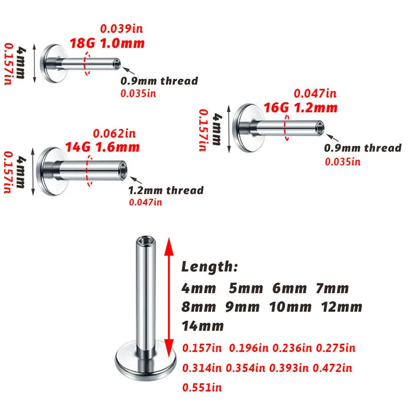 10 ks G23 titánové labret 16G 18G 4/14mm tyč s vnútorným závitom, septum, ušné pery, piercing do nosa, tragus, doplnky do tela, šperky
