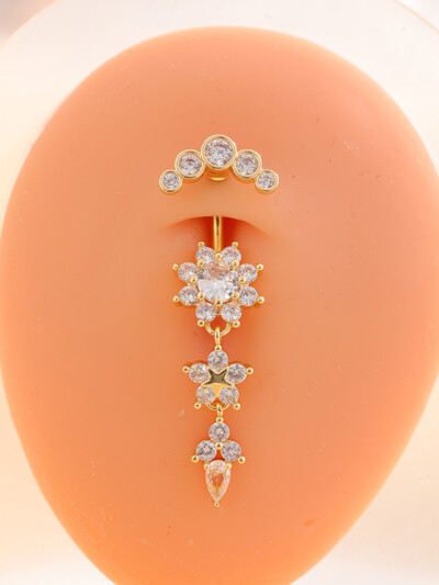 Arany színű, rozsdamentes acél köldök gyűrű, hosszú lógó virág CZ kristály köldök haspiercing gyűrűk nőknek szexi ékszerek