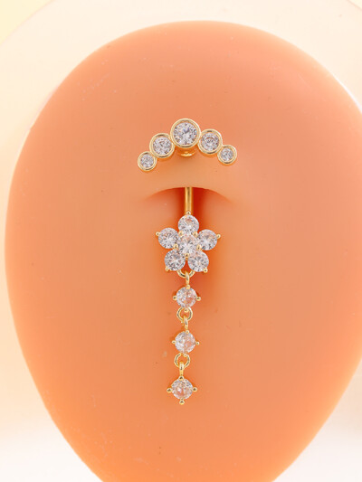 Arany színű, rozsdamentes acél köldök gyűrű, hosszú lógó virág CZ kristály köldök haspiercing gyűrűk nőknek szexi ékszerek