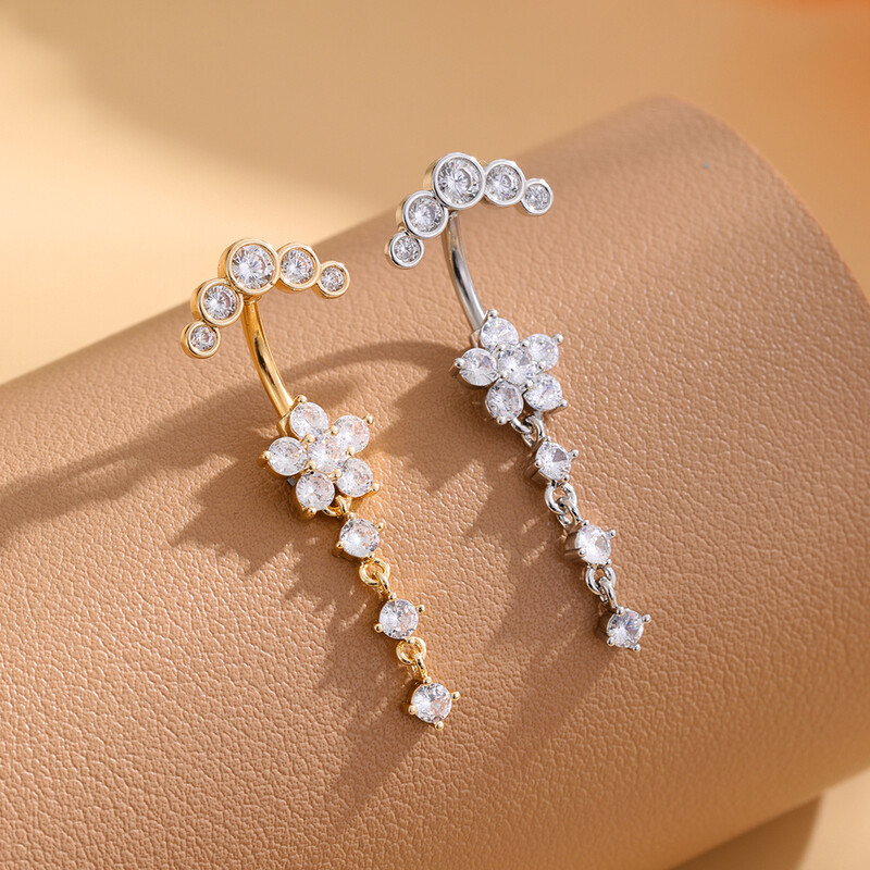 Arany színű, rozsdamentes acél köldök gyűrű, hosszú lógó virág CZ kristály köldök haspiercing gyűrűk nőknek szexi ékszerek
