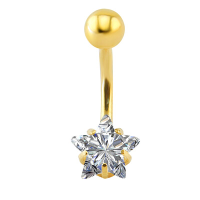 Piercing do pupka z nehrdzavejúcej ocele 14G zlatej farby s hadím srdcom a lesklým CZ krištáľom v tvare motýľa.