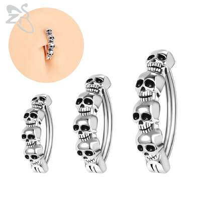 ZS 1 vienetų 14 ir 16G Punk kaukolė 925 sterlingų sidabro pilvo žiedas, klijuojantis skeletas, atvirkštinis išlenktas bamba štangos kūno papuošalas 8/10/12MM