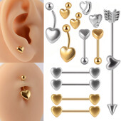 Piercing do pupka, chrupavky a ucha, 2 ks, strieborno-zlaté, chirurgická oceľ, antialergické srdce, dámske šperky