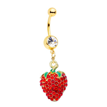 1PC Statement Strawberry Belly Rings Gold Color Surgical Steel Piercing Body Jewelry Sexy Crystal κρεμαστό δαχτυλίδι με κοιλιά