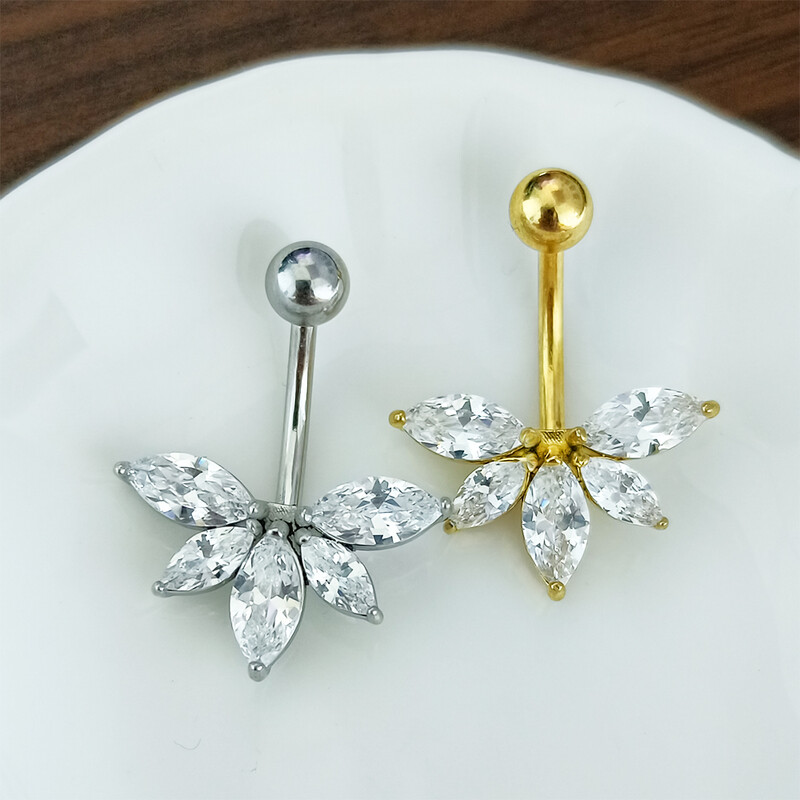 100%316L sebészeti acél virágforma CZ Köldök Piercing Köldök Gyűrű ívek Súlyzó Testékszer 14G Arany Szín Ezüst Colo