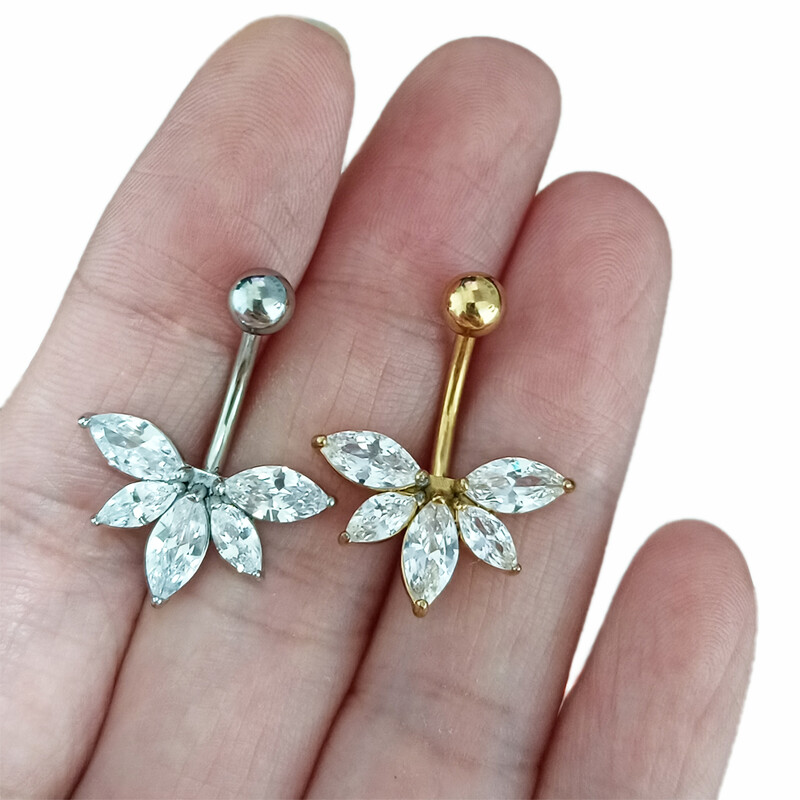 100%316L sebészeti acél virágforma CZ Köldök Piercing Köldök Gyűrű ívek Súlyzó Testékszer 14G Arany Szín Ezüst Colo