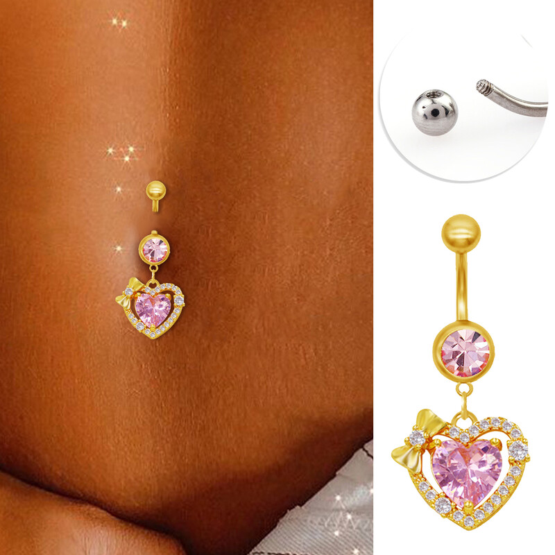 Piercing do pupka s ružovým zirkónom v tvare srdca, mašľou a zlatým náušníkom pre ženy