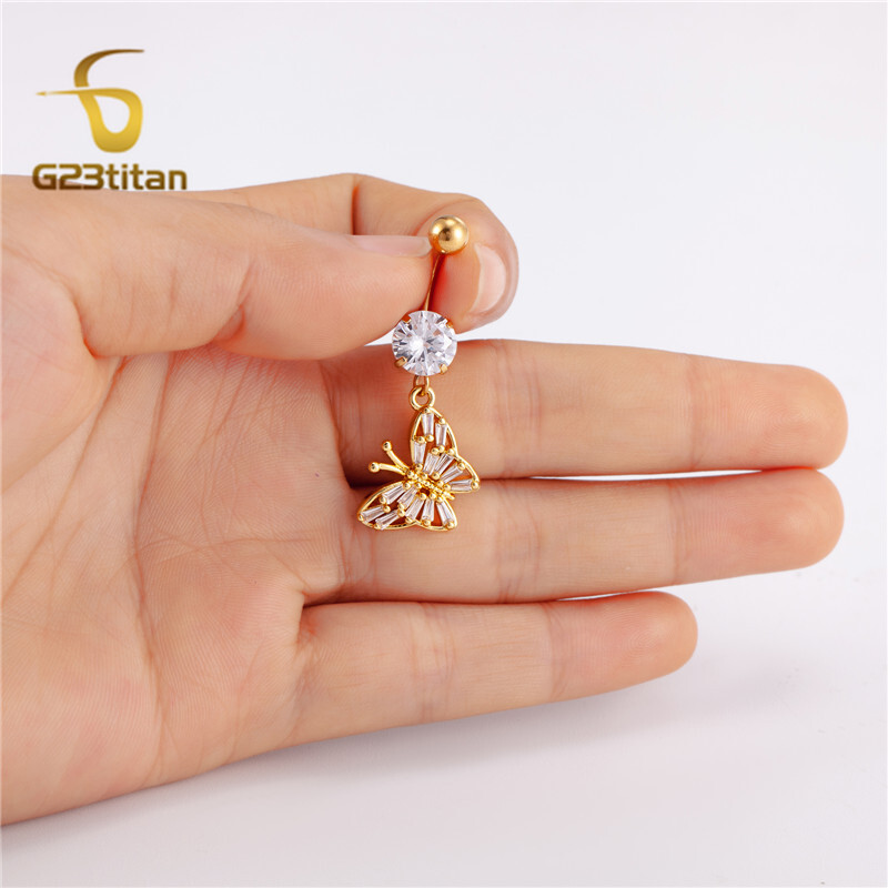 14G visiaci prívesok prsteň do pupka zlatej farby z nehrdzavejúcej ocele činka zlatý zirkón náušnice pupka žena sexy piercing šperky