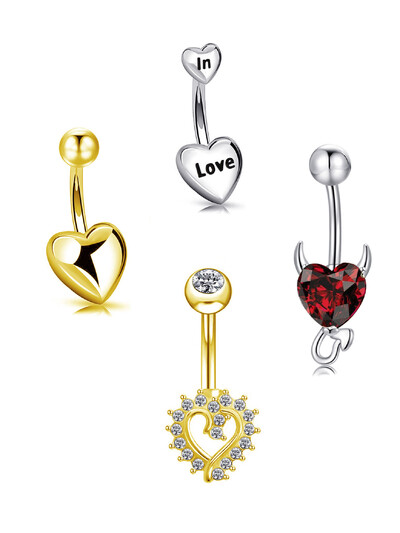 Piercing do pupka z 18K zlata s činkou, 4 ks, chirurgická oceľ 14G, srdiečko so zirkónom, vodeodolný, hyposenzitívny, pokovovaný...
