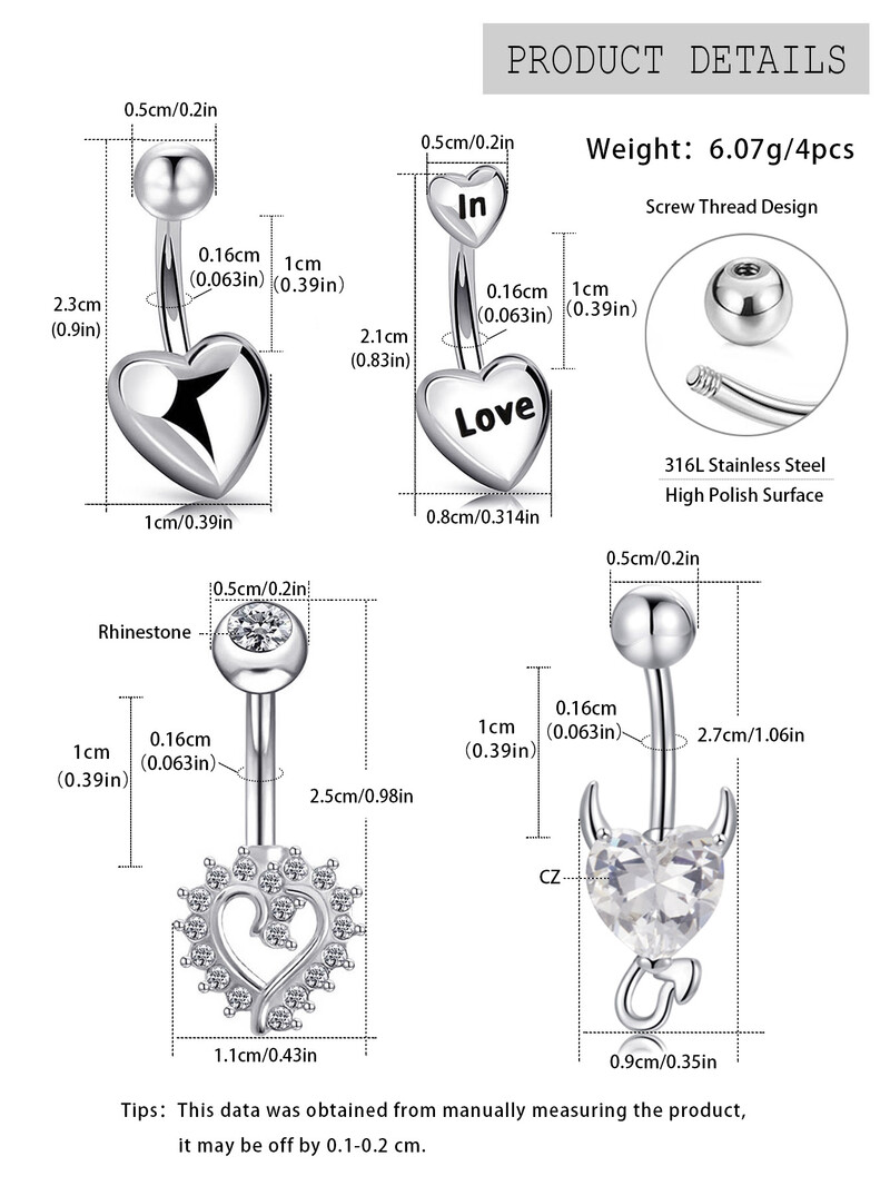 Piercing do pupka z 18K zlata s činkou, 4 ks, chirurgická oceľ 14G, srdiečko so zirkónom, vodeodolný, hyposenzitívny, pokovovaný...