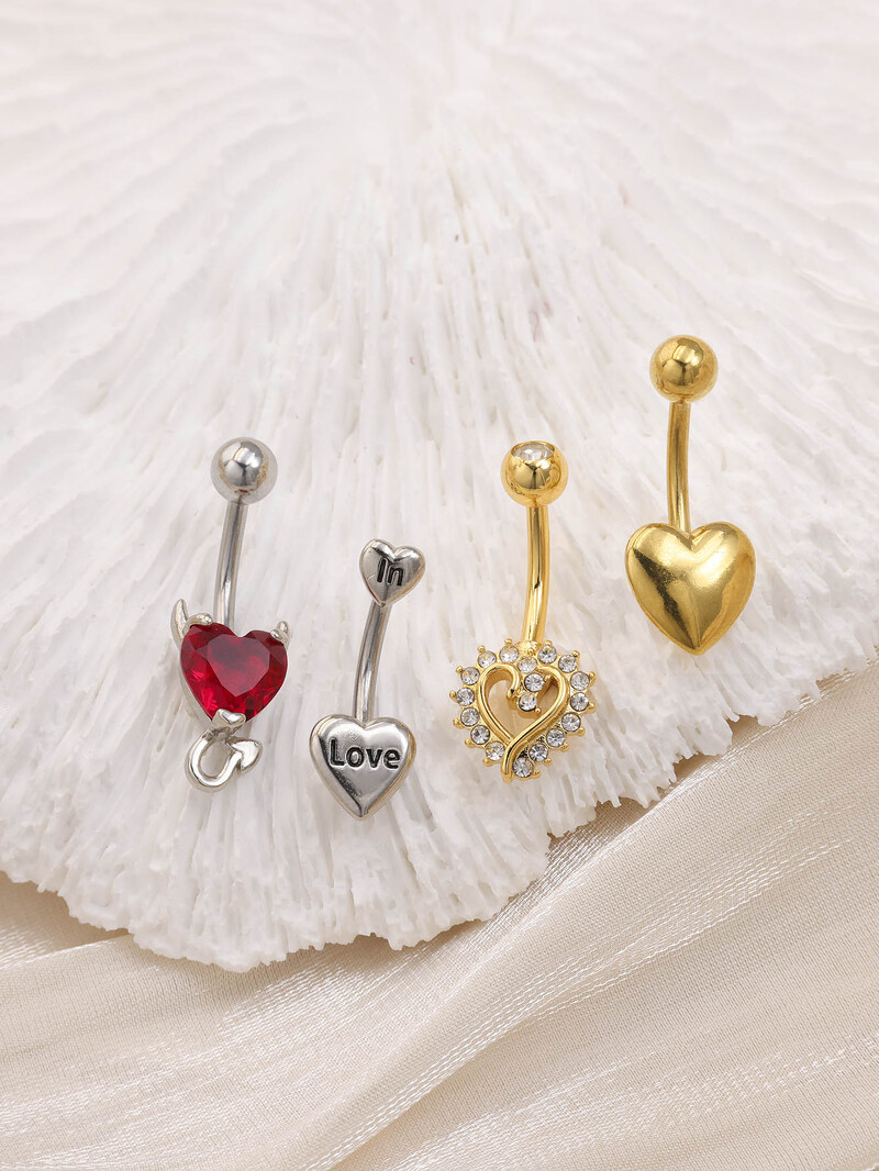 Piercing do pupka z 18K zlata s činkou, 4 ks, chirurgická oceľ 14G, srdiečko so zirkónom, vodeodolný, hyposenzitívny, pokovovaný...
