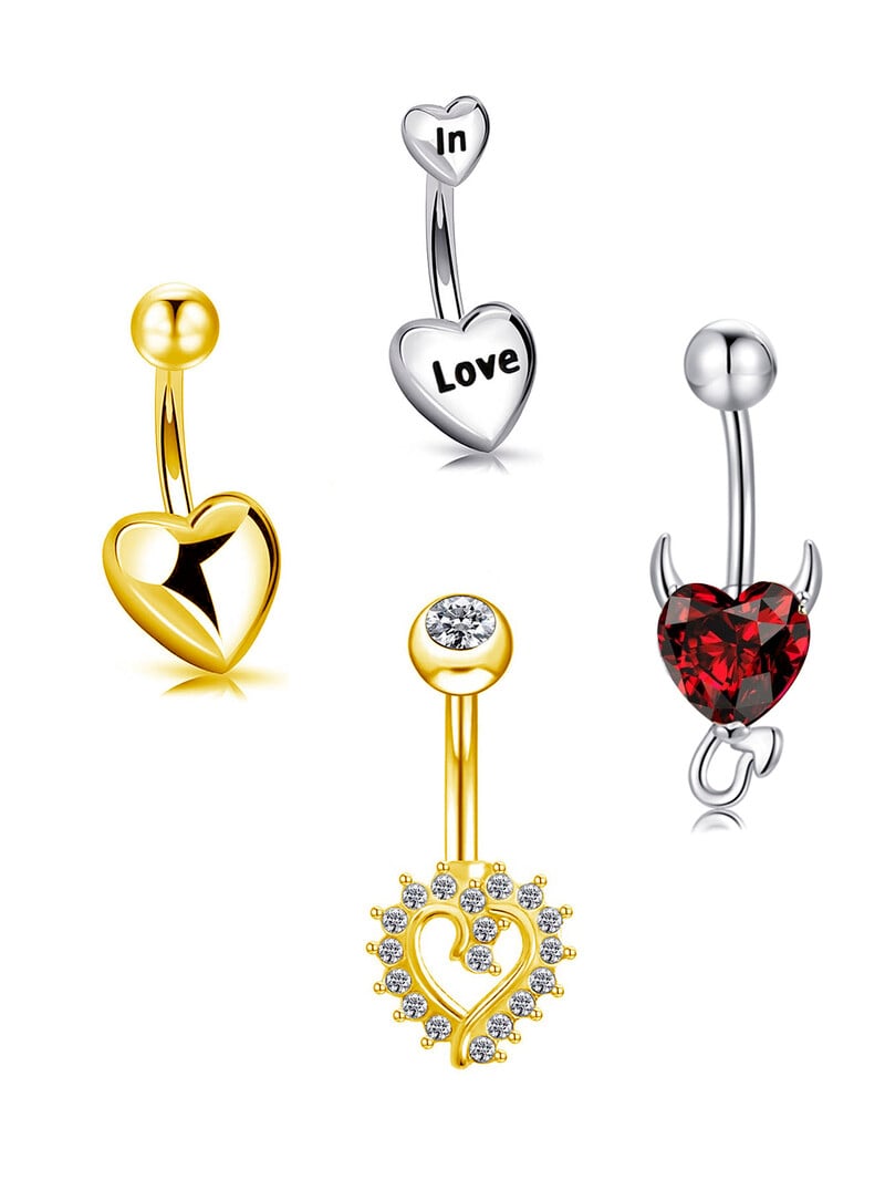 Piercing do pupka z 18K zlata s činkou, 4 ks, chirurgická oceľ 14G, srdiečko so zirkónom, vodeodolný, hyposenzitívny, pokovovaný...