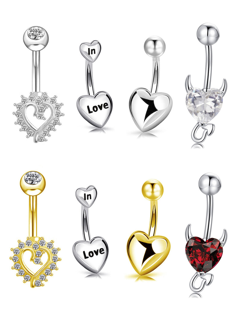 Piercing do pupka z 18K zlata s činkou, 4 ks, chirurgická oceľ 14G, srdiečko so zirkónom, vodeodolný, hyposenzitívny, pokovovaný...