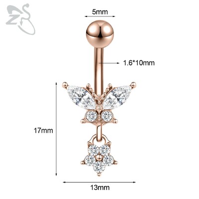 Piercing do pupka z nehrdzavejúcej ocele s motýľom a srdcom, 14G, ružovo-zlatý, s motýľom a srdcom, piercing do pupka.
