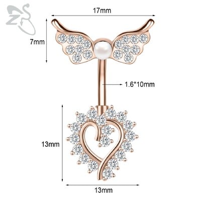 Piercing do pupka z nehrdzavejúcej ocele s motýľom a srdcom, 14G, ružovo-zlatý, s motýľom a srdcom, piercing do pupka.